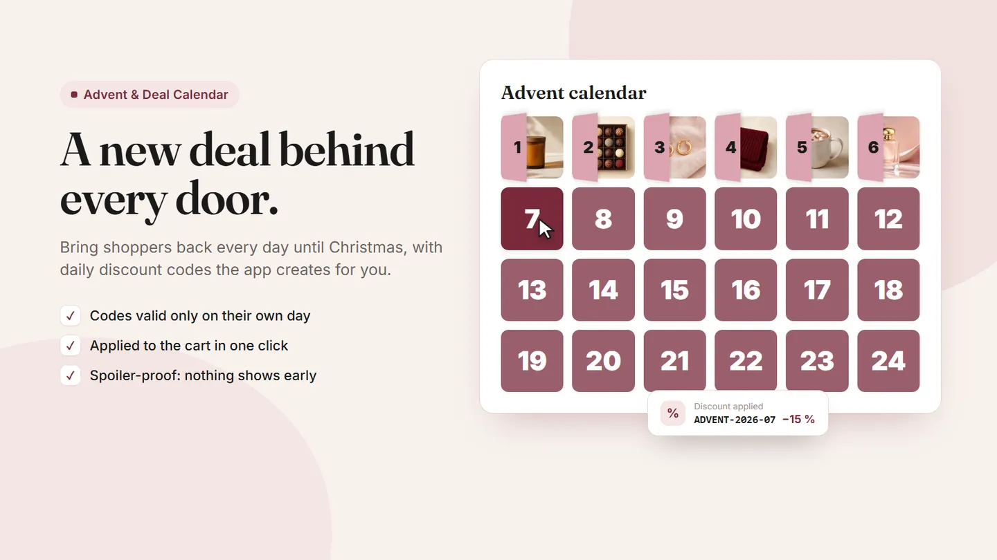 Advent calendar with six open doors and a discount code applied to the cart