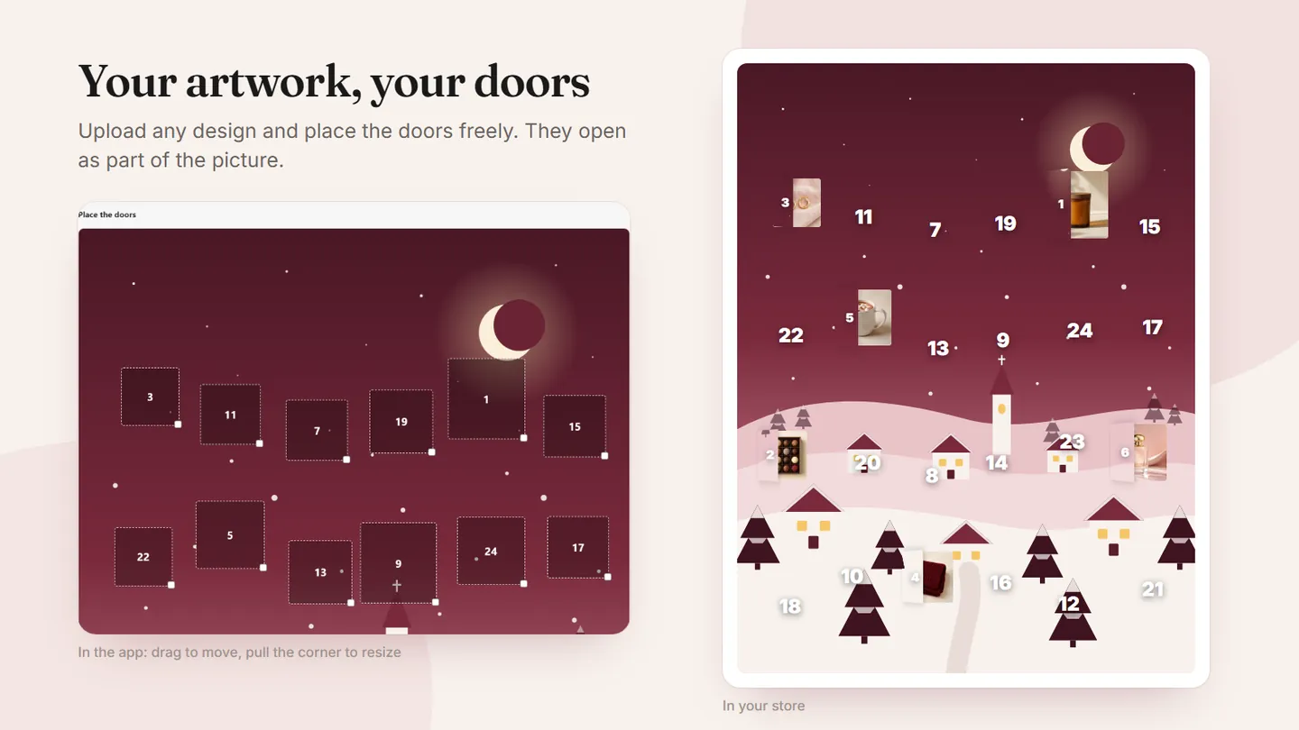 Placing doors on an uploaded poster in the app, and the finished poster calendar in the store