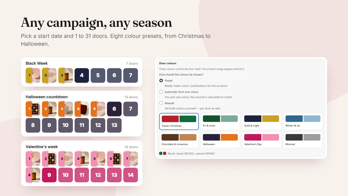Calendars for Black Week, a Halloween countdown and Valentine's week, next to the colour presets