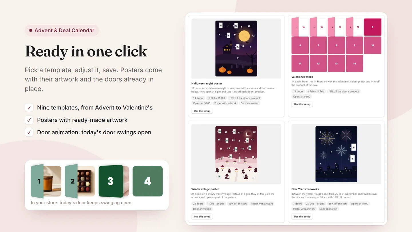 Templates such as a Halloween poster, Valentine's week, a winter village and New Year's fireworks
