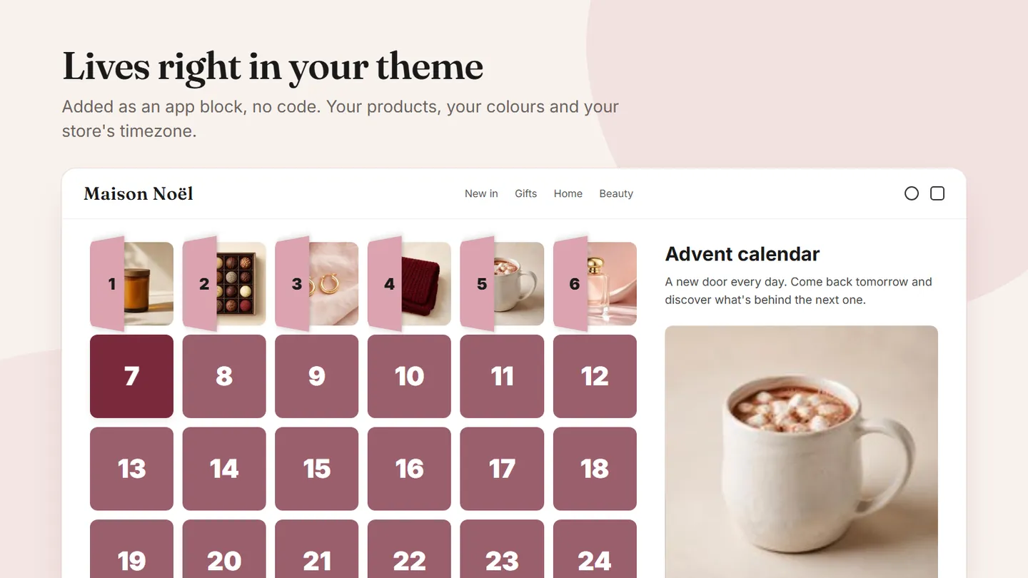 Advent calendar on a store page next to today's product