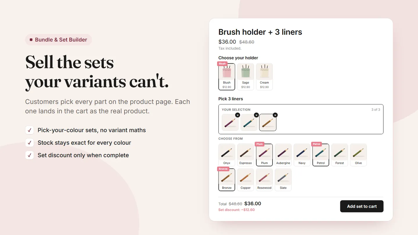 Set configurator with a holder and three chosen liner colours