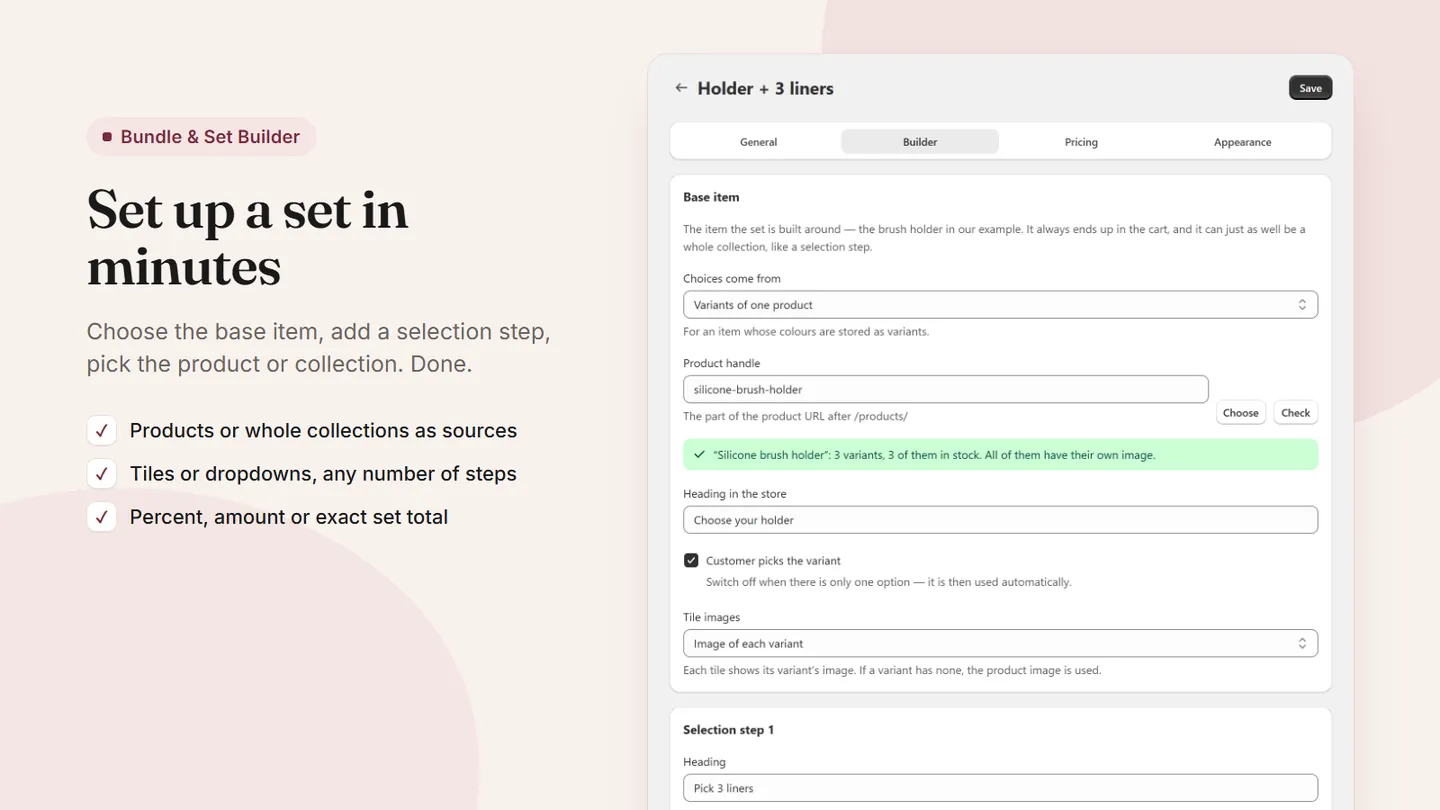 Bundle editor with base item and one selection step